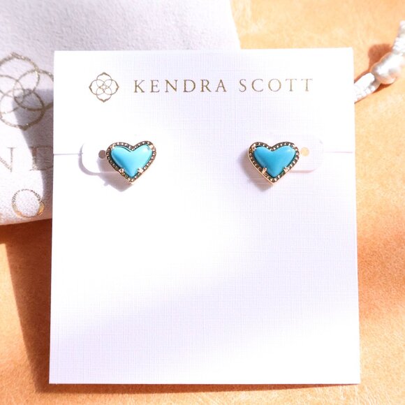 Kendra Scott Ari Heart Stud Earrings 🎀 Gold Turquoise - Picture 1 of 2